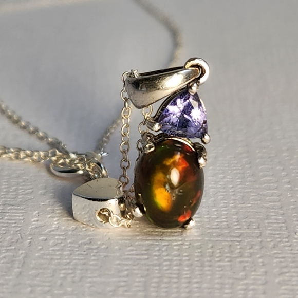 VID! 925 Natural Ethiopian Black Opal & Tanzanite Pendant Charm Necklace, Italy - Picture 2 of 14